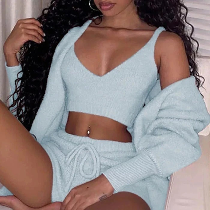 Womens Pajama Set Long Sleeve Crop Top Drawstring Shorts