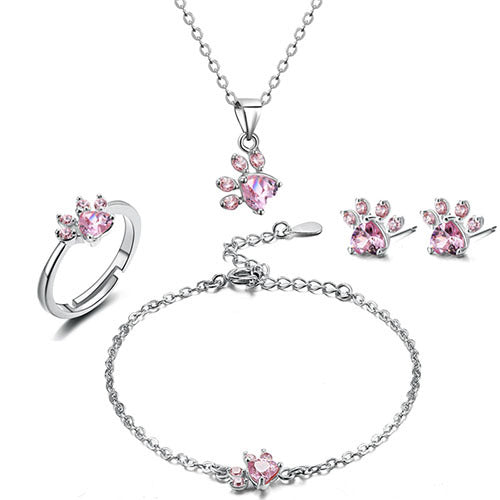 Animal Paw Jewelry Set Cat Dog Bear Ring Necklace Bracelets