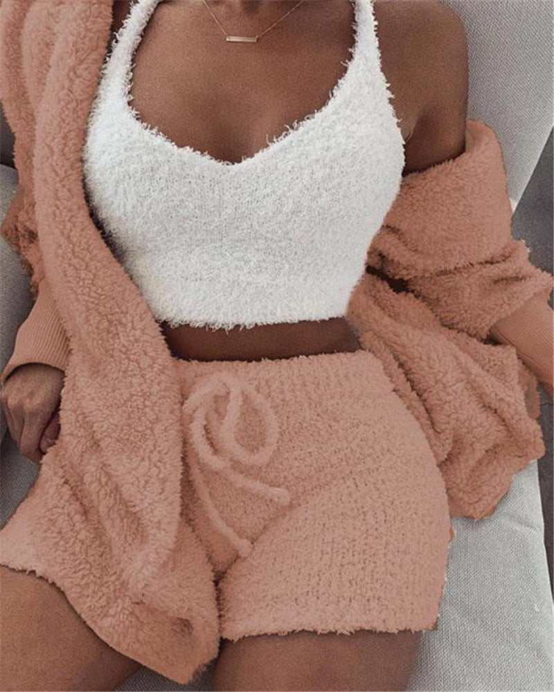 Womens Pajama Set Long Sleeve Crop Top Drawstring Shorts