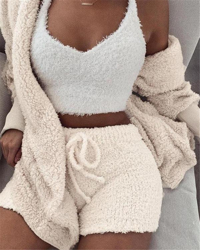 Womens Pajama Set Long Sleeve Crop Top Drawstring Shorts