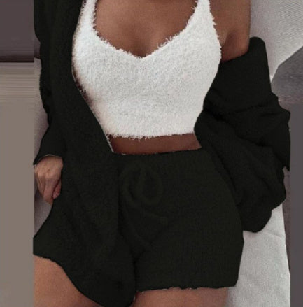 Womens Pajama Set Long Sleeve Crop Top Drawstring Shorts