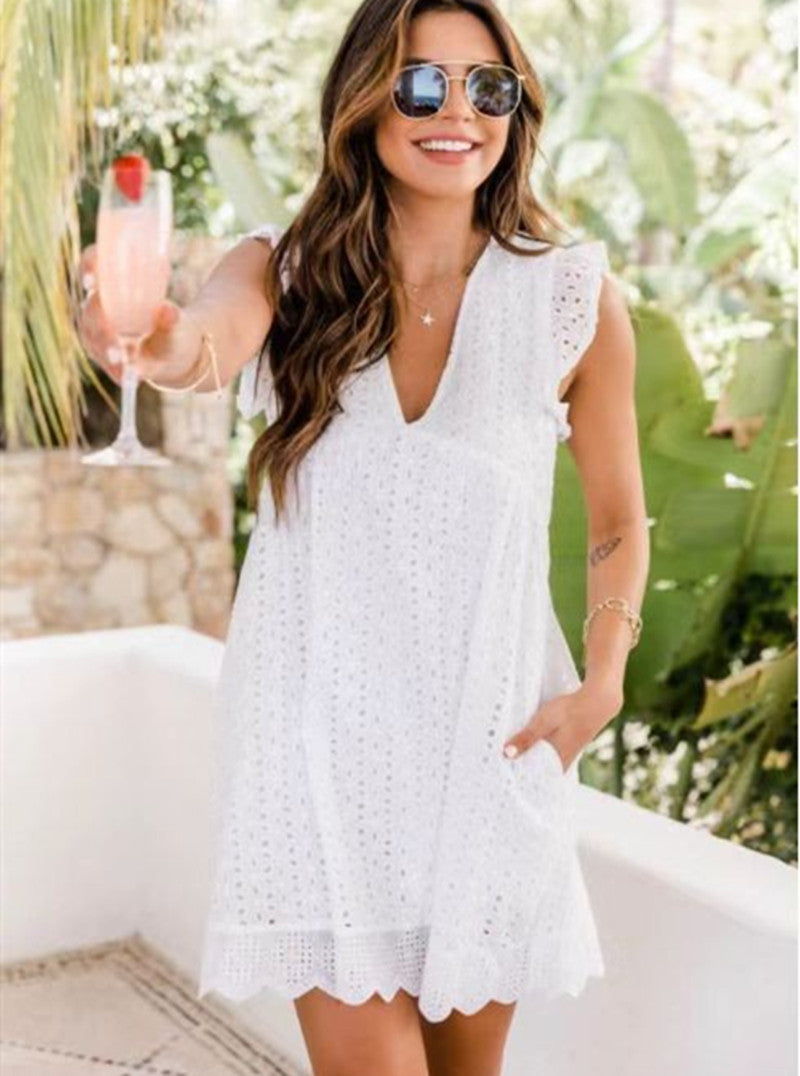 Lace Beach Dress With Pockets V Neck Comfortable Summer