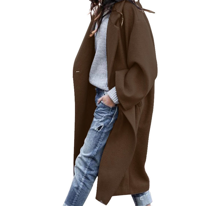 Casual Long Single Breasted Jacket With Pockets Woolen Coat