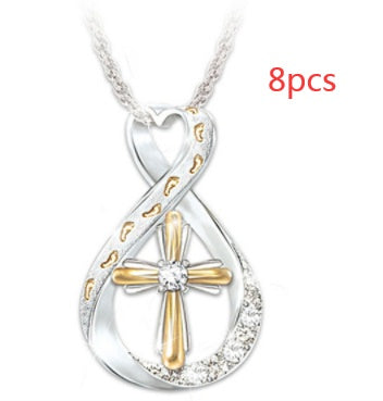 Two Tone Cross Footprint Diamond Pendant 45cm Chain