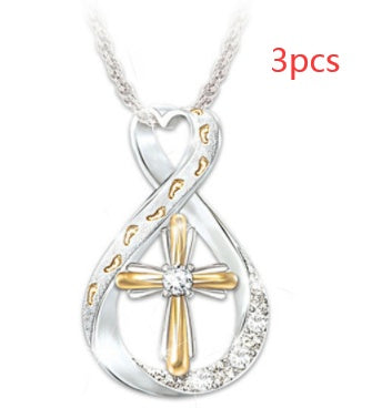 Two Tone Cross Footprint Diamond Pendant 45cm Chain