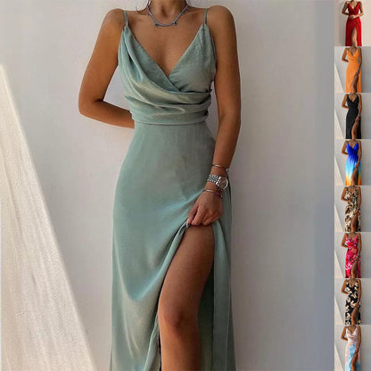 V Neck Midi Slit Dress Summer Slip Dress With Side Split