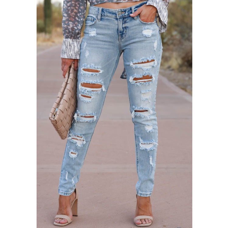 Women's Skinny Cotton Trousers With Holes Gothic Style