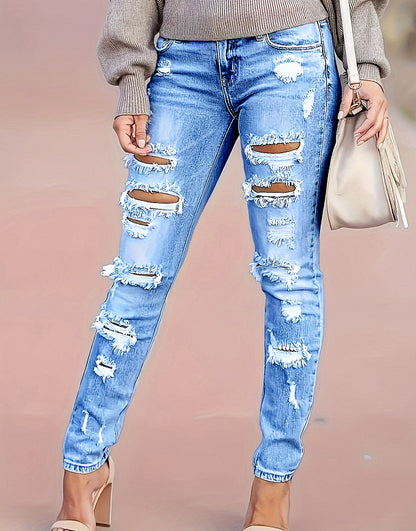 Women's Skinny Cotton Trousers With Holes Gothic Style