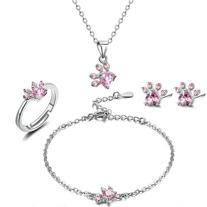 Animal Paw Jewelry Set Cat Dog Bear Ring Necklace Bracelets