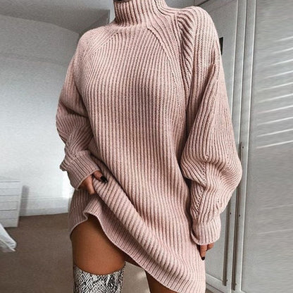 Solid Turtleneck Long Sweater Dress For Women Winter Warmth