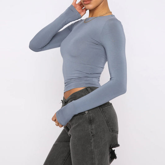 Women Slim Long Sleeve Pullover Tops Solid Casual Fit