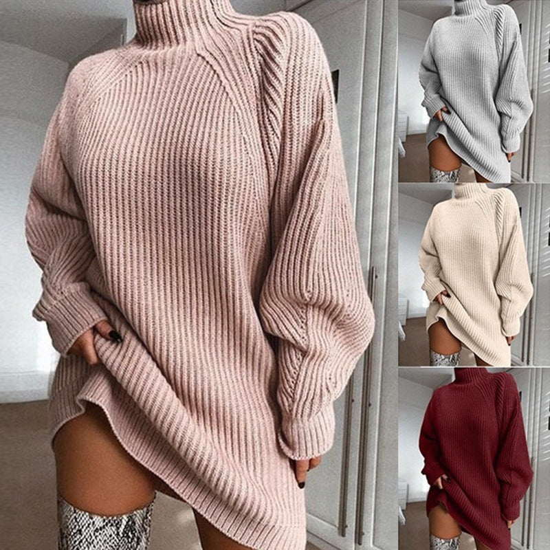 Solid Turtleneck Long Sweater Dress For Women Winter Warmth