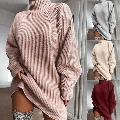 Solid Turtleneck Long Sweater Dress For Women Winter Warmth