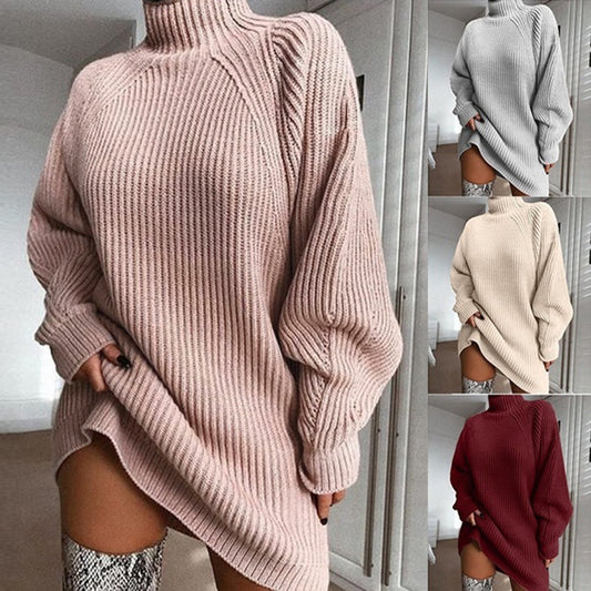 Solid Turtleneck Long Sweater Dress For Women Winter Warmth