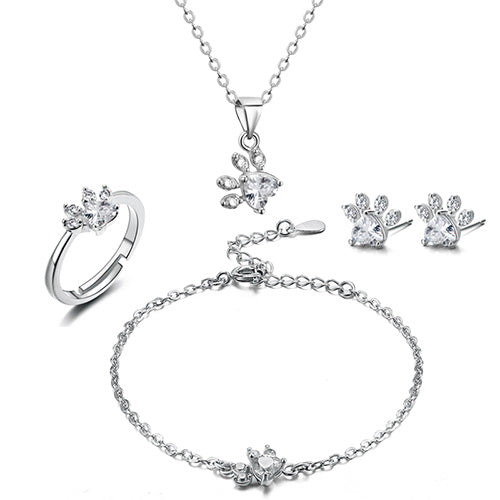 Animal Paw Jewelry Set Cat Dog Bear Ring Necklace Bracelets