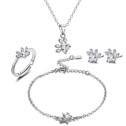 Animal Paw Jewelry Set Cat Dog Bear Ring Necklace Bracelets