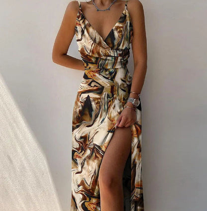 V Neck Midi Slit Dress Summer Slip Dress With Side Split