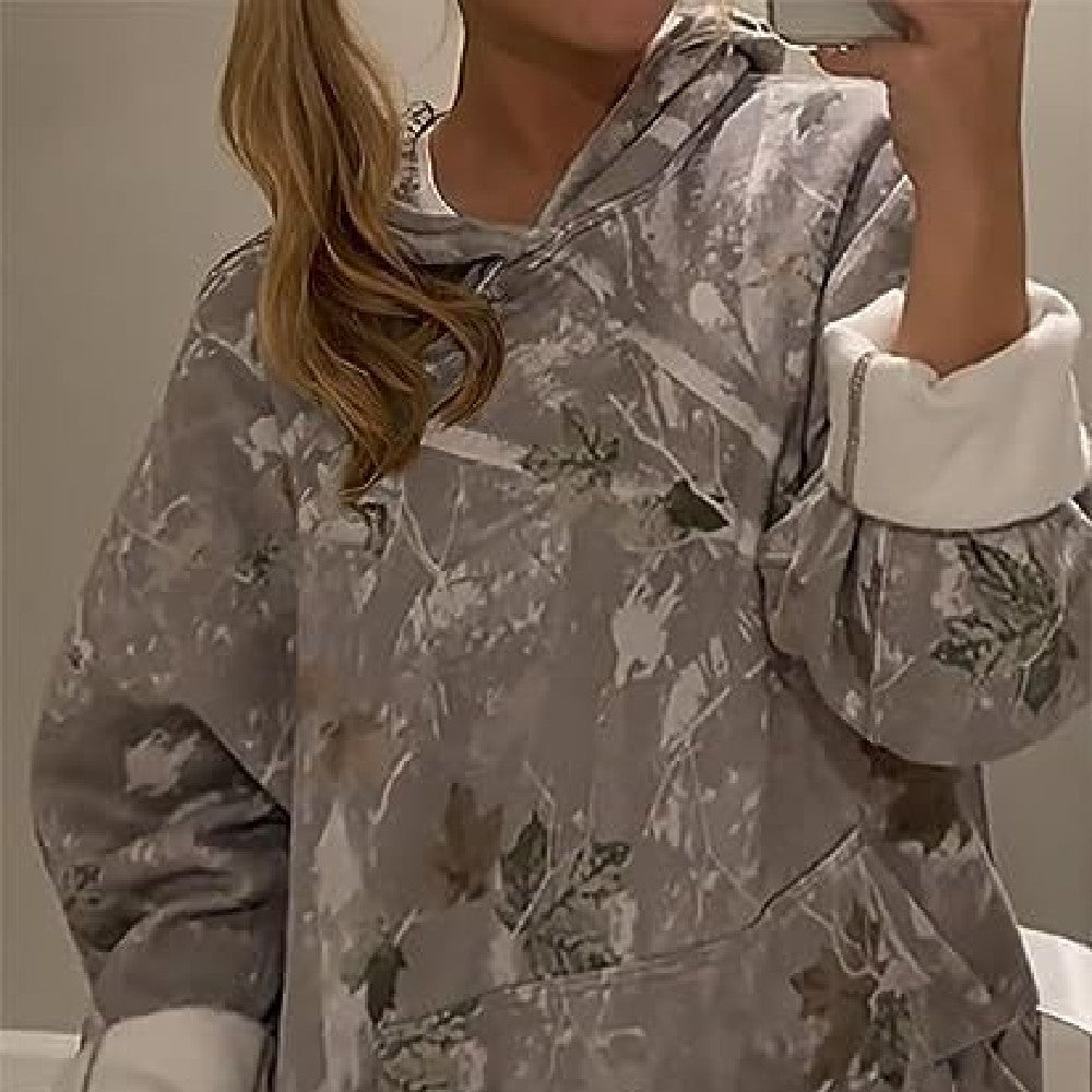 Women's Floral Print Hooded Pullover Pocket Top Loose Fit