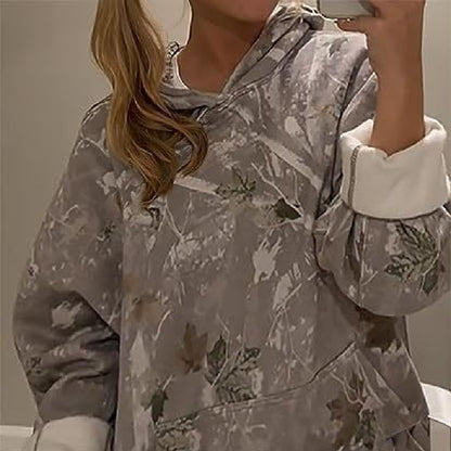 Women's Floral Print Hooded Pullover Pocket Top Loose Fit
