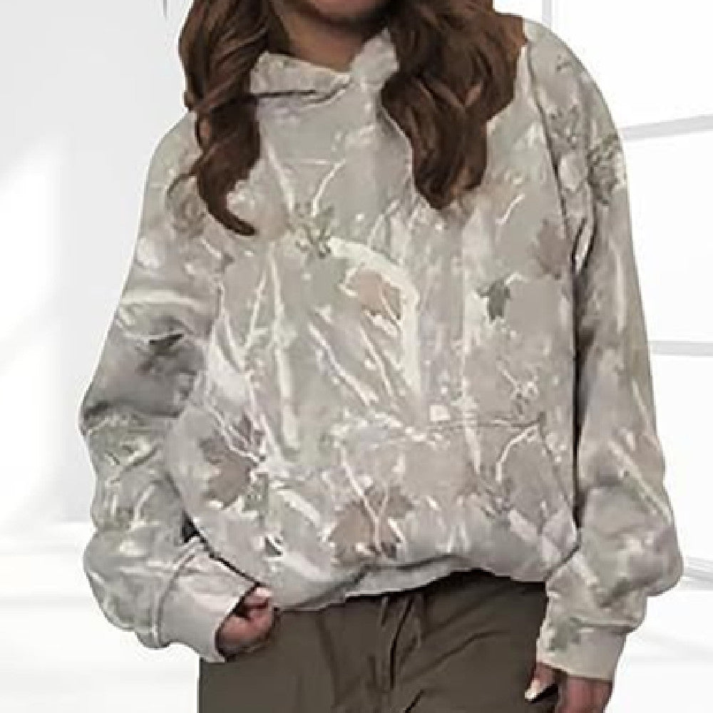 Women's Floral Print Hooded Pullover Pocket Top Loose Fit