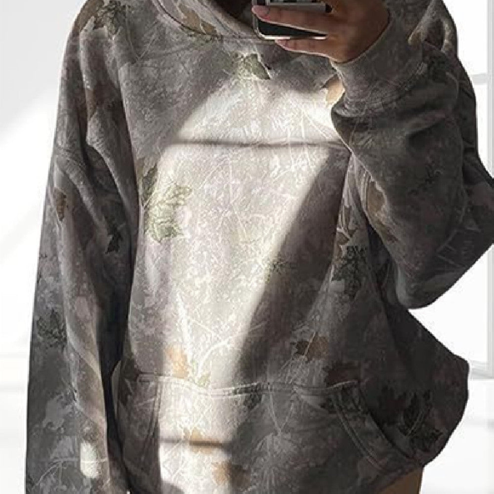 Women's Floral Print Hooded Pullover Pocket Top Loose Fit
