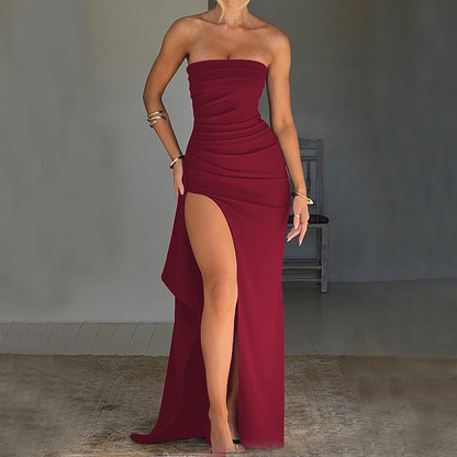 Strapless Pleated Maxi Dress For Bridesmaid Wedding Gown