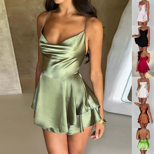 Satin Mini Dress Backless Lace Up A Line Solid Color