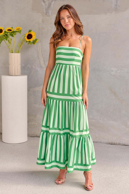 Striped Maxi Dress With Pockets Backless Summer Dress