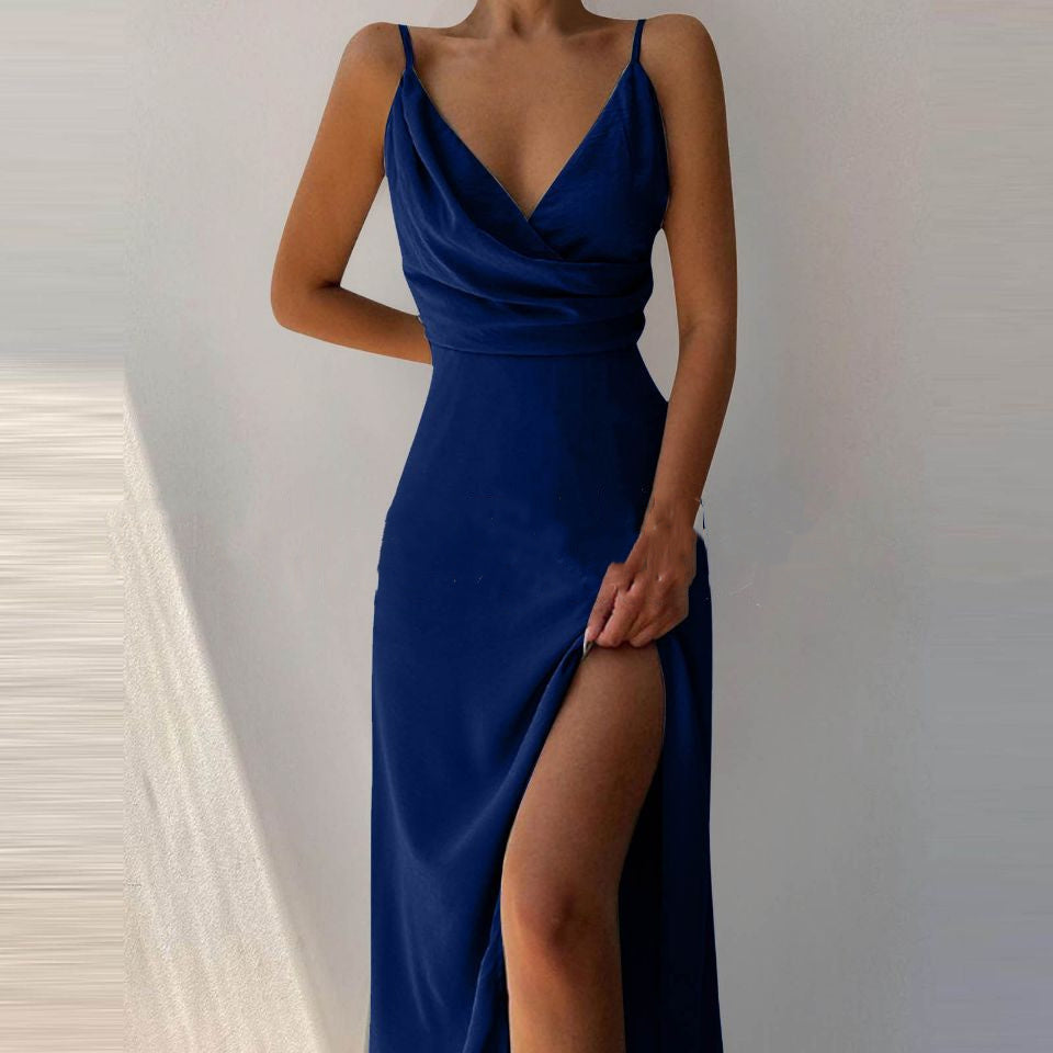 V Neck Midi Slit Dress Summer Slip Dress With Side Split