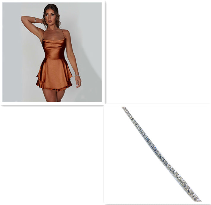 Satin Mini Dress Backless Lace Up A Line Solid Color