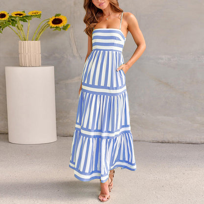 Striped Maxi Dress With Pockets Backless Summer Dress