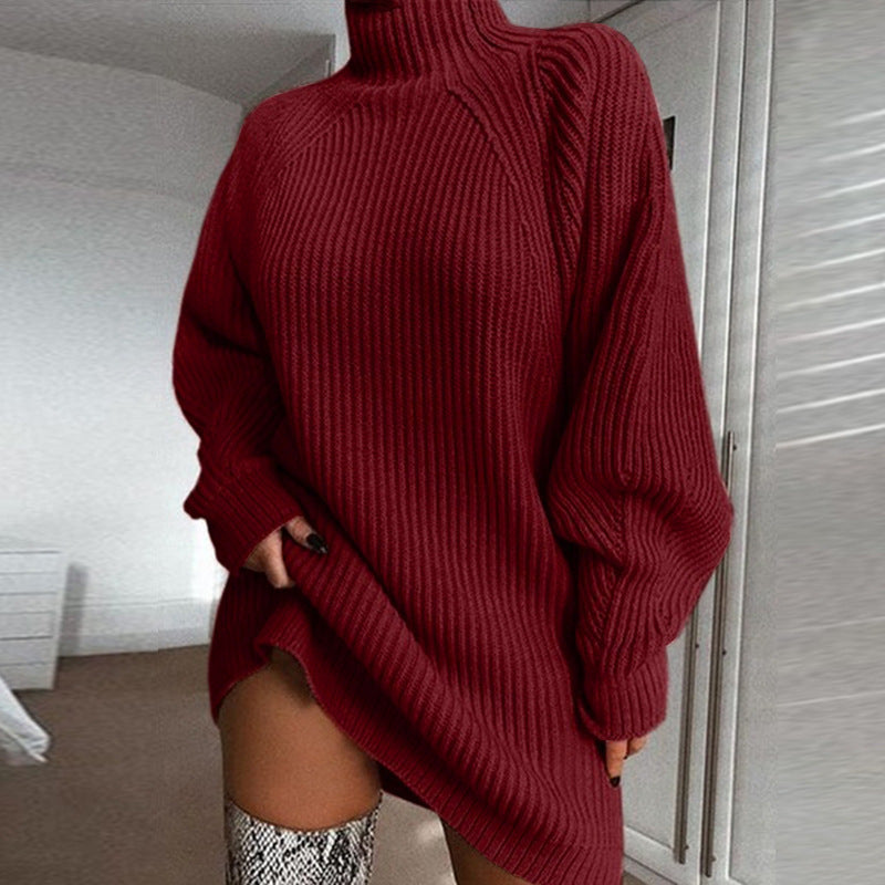 Solid Turtleneck Long Sweater Dress For Women Winter Warmth