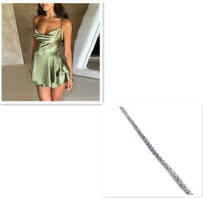Satin Mini Dress Backless Lace Up A Line Solid Color