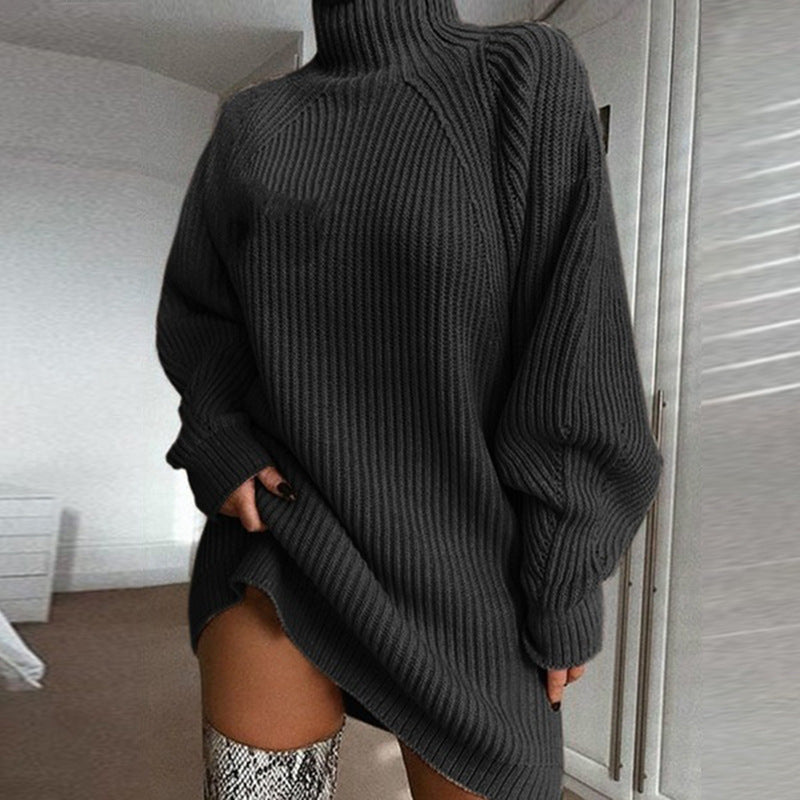 Solid Turtleneck Long Sweater Dress For Women Winter Warmth