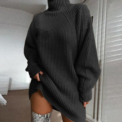 Solid Turtleneck Long Sweater Dress For Women Winter Warmth