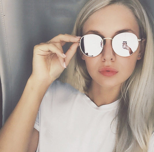 Women Retro Round Sunglasses Metal Gold Frame Grey Lens