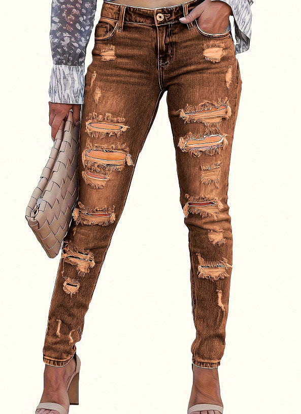 Women's Skinny Cotton Trousers With Holes Gothic Style