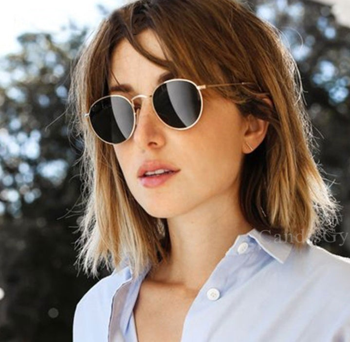 Women Retro Round Sunglasses Metal Gold Frame Grey Lens