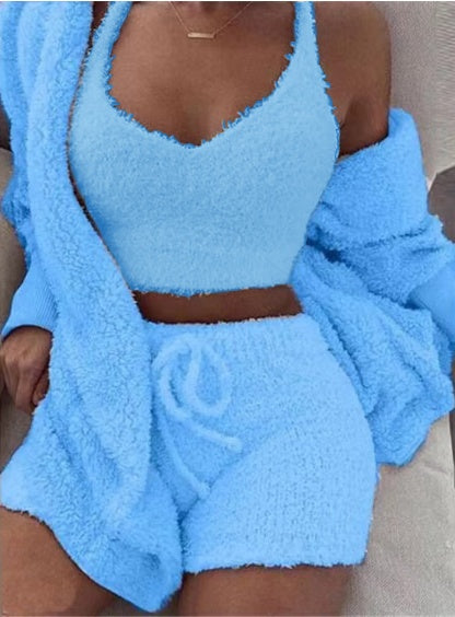 Womens Pajama Set Long Sleeve Crop Top Drawstring Shorts
