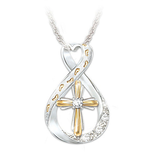 Two Tone Cross Footprint Diamond Pendant 45cm Chain
