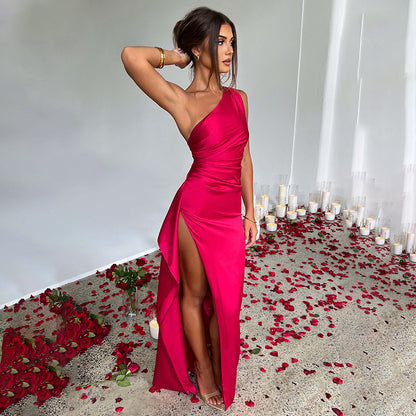 One Shoulder Satin Dress With Backless Evening Gown