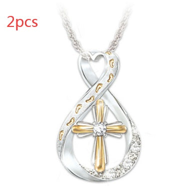 Two Tone Cross Footprint Diamond Pendant 45cm Chain