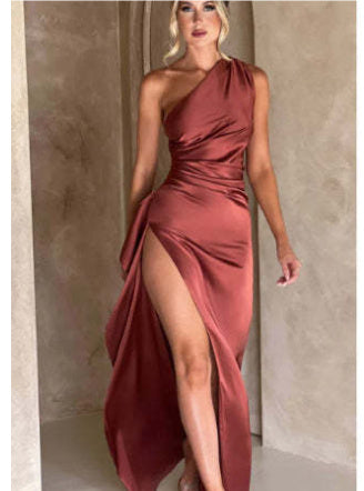 One Shoulder Satin Dress With Backless Evening Gown