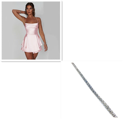 Satin Mini Dress Backless Lace Up A Line Solid Color