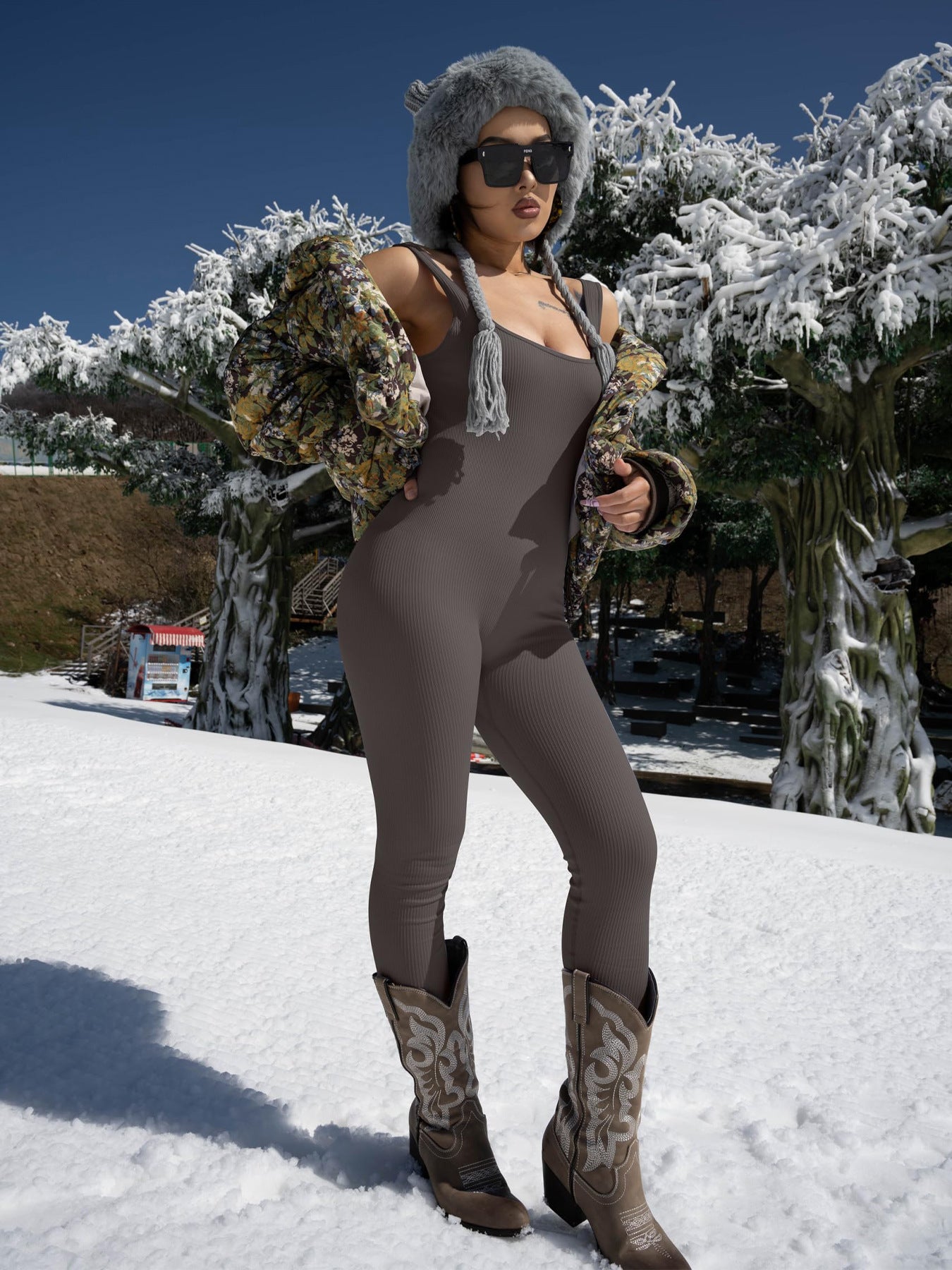 Women's Suspender Tank Top And Tights Set With Spandex