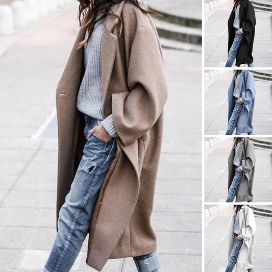 Casual Long Single Breasted Jacket With Pockets Woolen Coat