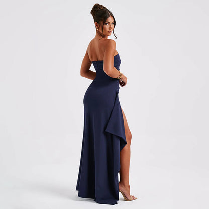 Strapless Pleated Maxi Dress For Bridesmaid Wedding Gown