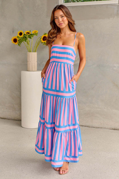 Striped Maxi Dress With Pockets Backless Summer Dress