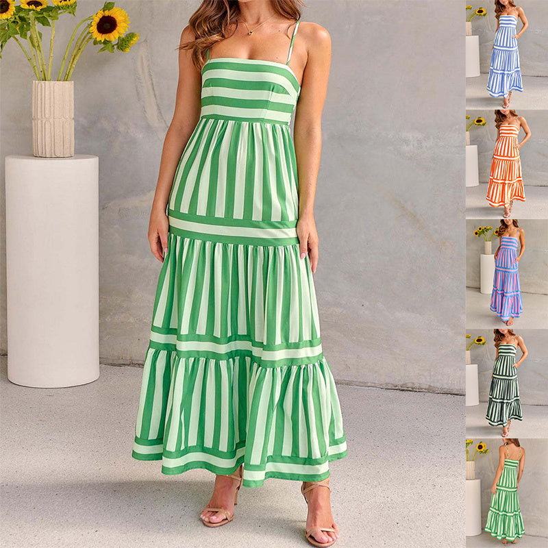 Striped Maxi Dress With Pockets Backless Summer Dress