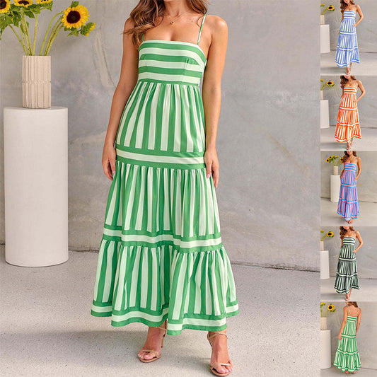 Striped Maxi Dress With Pockets Backless Summer Dress